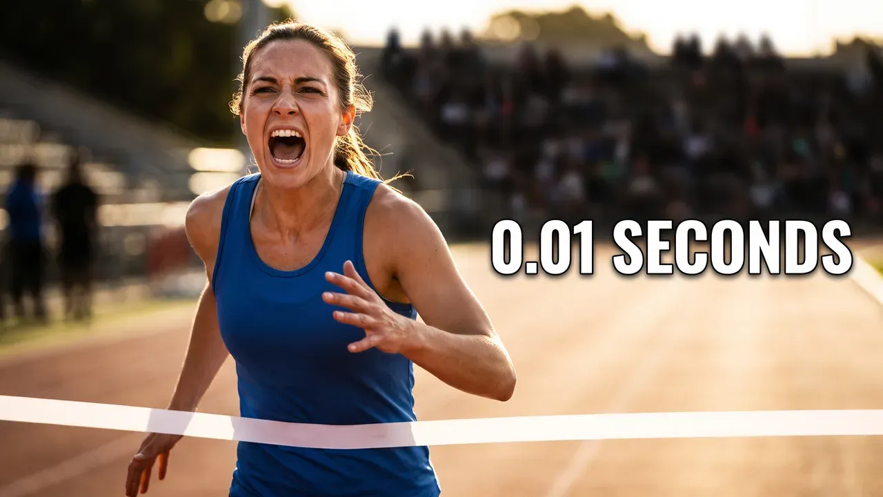 AI-generated thumbnail: a sprinter in a blue singlet screams as she breaks the finish tape at golden hour, words 0.01 SECONDS