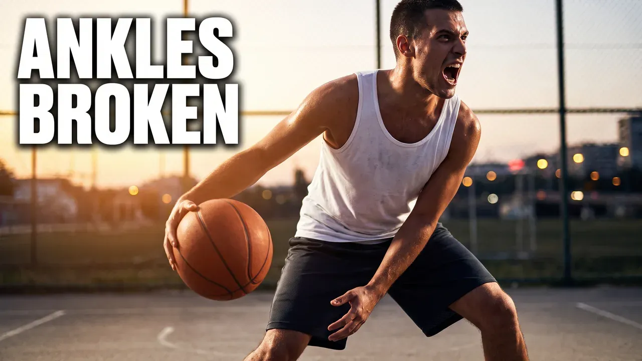 AI-generated thumbnail: a streetball player in a white tank yells mid-crossover on a court at sunset, words ANKLES BROKEN