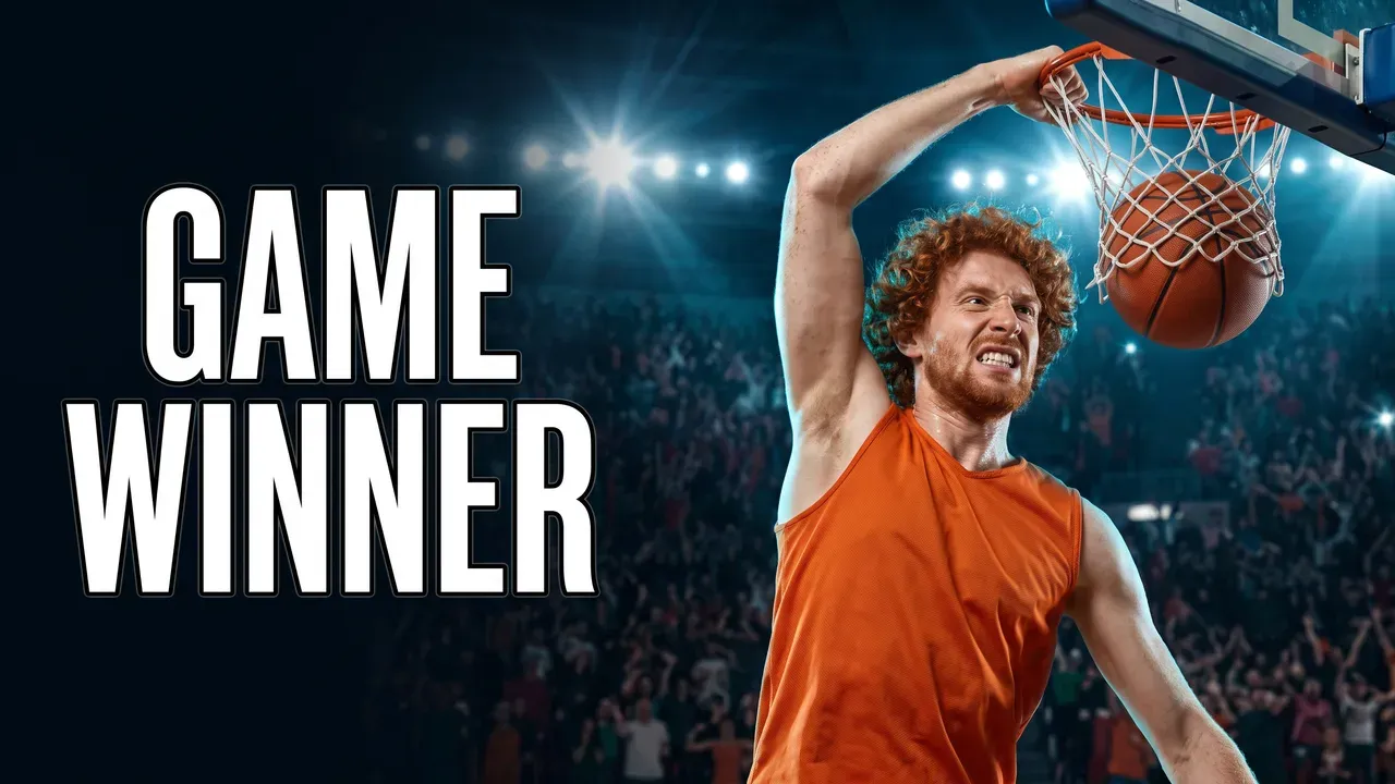 AI-generated thumbnail: a curly-haired player in an orange jersey dunks under arena floodlights, with the words GAME WINNER