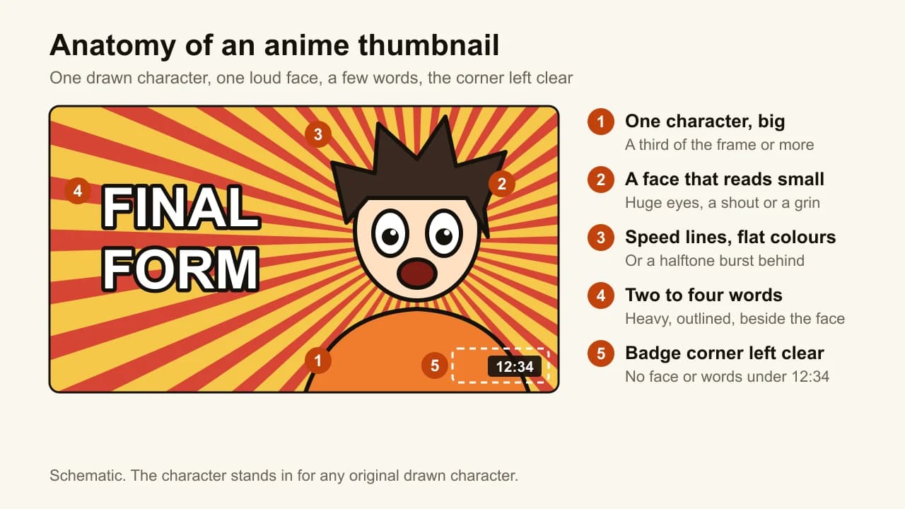 Anime thumbnail layout: a drawn character on speed lines, FINAL FORM beside the face, the duration-badge corner kept clear