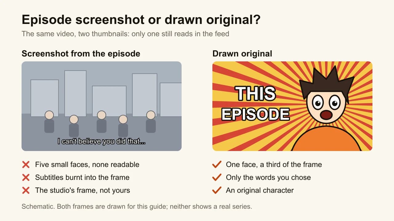 Two thumbnails compared: a grey episode frame with five tiny faces and burnt-in subtitles, and one drawn face on speed lines