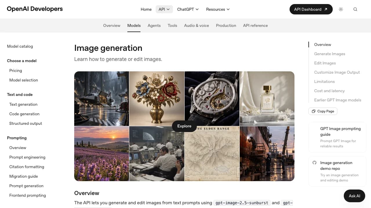 OpenAI's image generation guide, which lists sizes, options and the model's known limitations