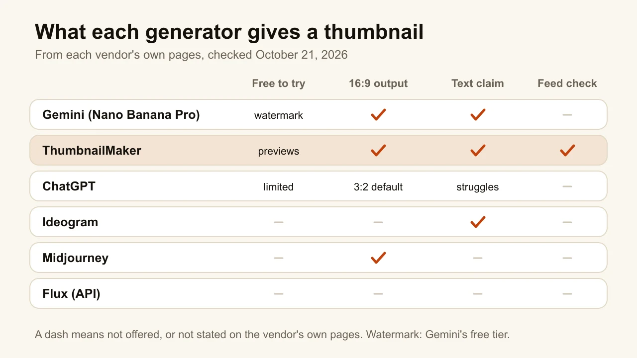 Chart comparing the best AI image generators for YouTube thumbnails on free use, 16:9 output, text claims and feed checks
