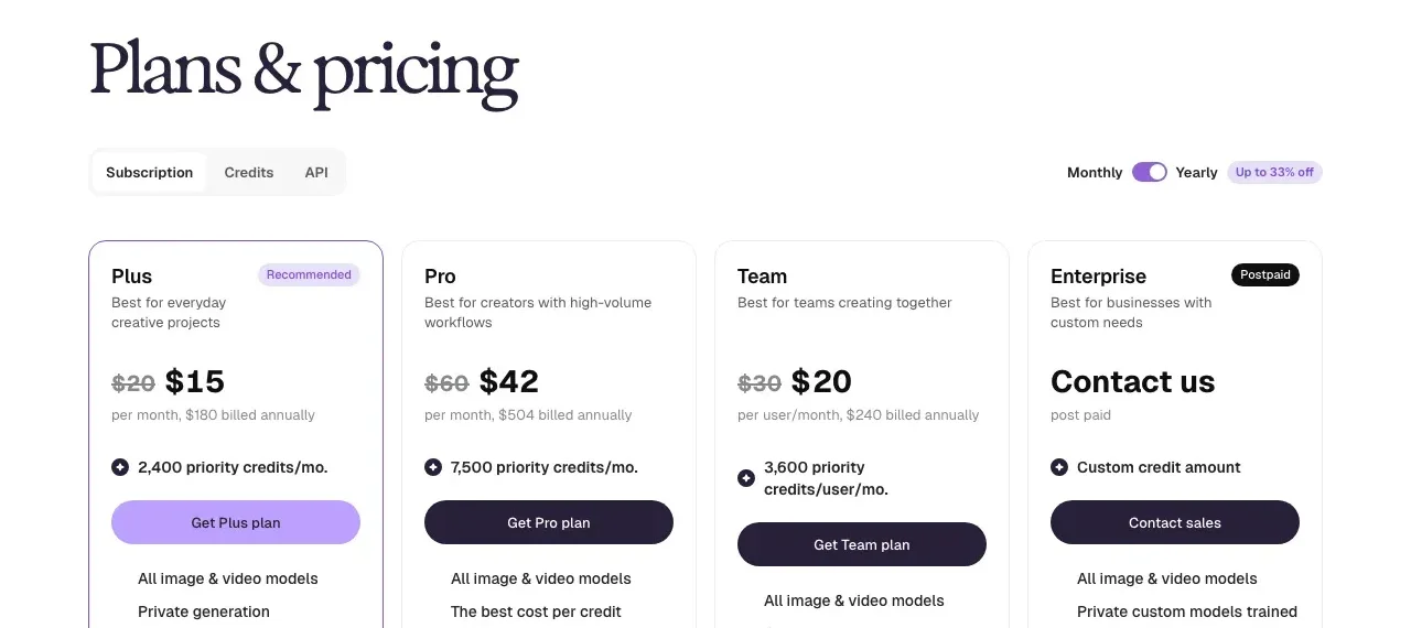 Ideogram's pricing page with Plus, Pro, Team and Enterprise plans on the yearly toggle