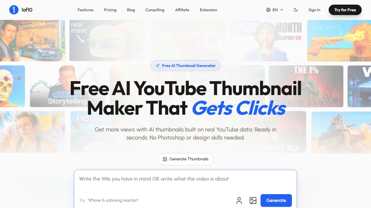 1of10's AI thumbnail generator, asking for the title you have in mind or what the video is about