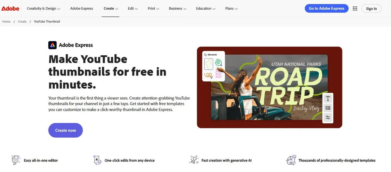 Adobe Express' YouTube thumbnail maker, built around templates you customise in its editor
