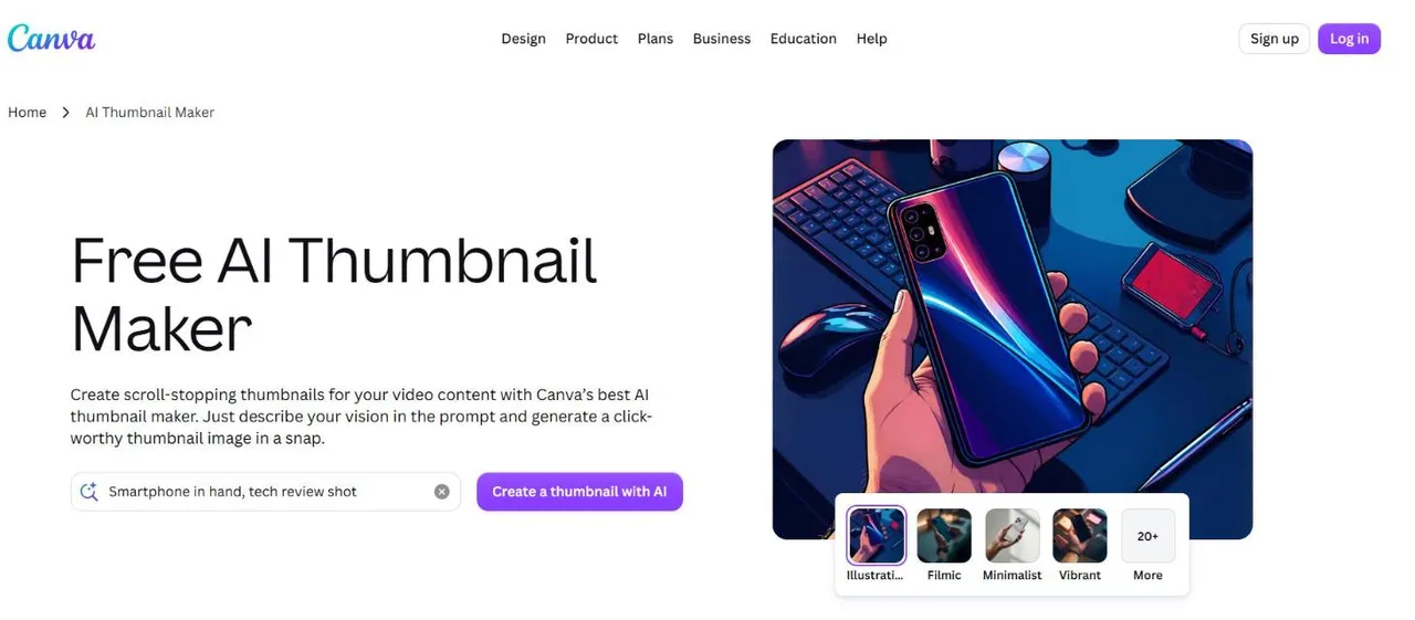 Canva's AI thumbnail maker page, with a prompt box and style presets such as Illustration, Filmic and Vibrant