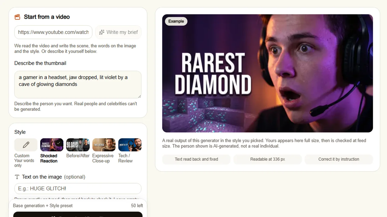 ThumbnailMaker's Create screen: a one-line description, the Shocked Reaction style picked, and a real output beside it