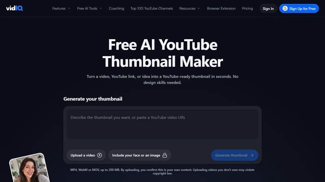 vidIQ's free AI YouTube thumbnail maker, with options to upload a video or include a face