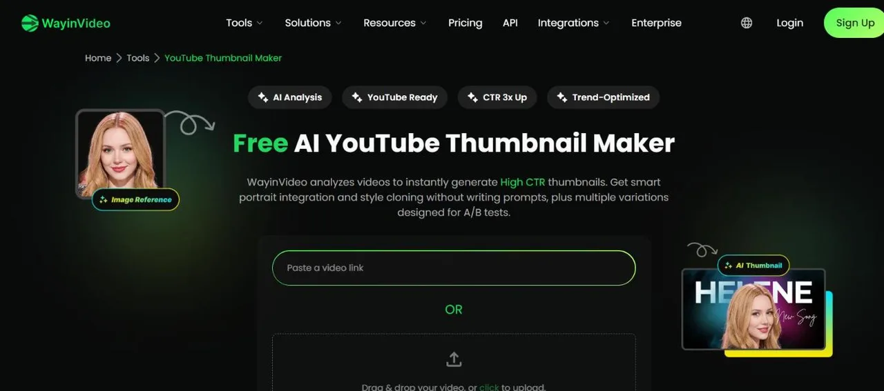 Wayin.ai's YouTube thumbnail maker, with a video link field, an upload area and a reference image option