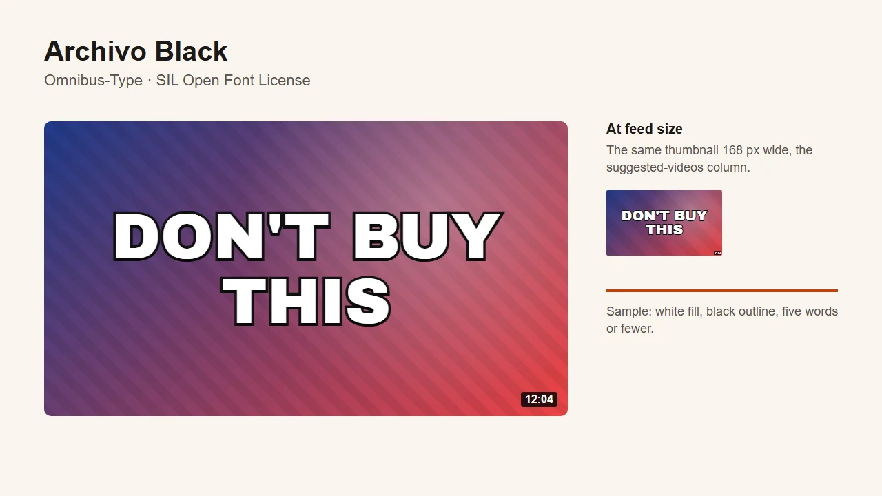Archivo Black specimen: "DON'T BUY THIS" in wide heavy letters with a black outline, at full size and at the feed size