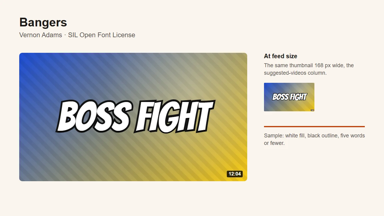 Bangers specimen: "BOSS FIGHT" in slanted comic-book letters with a black outline, at full size and at the feed size