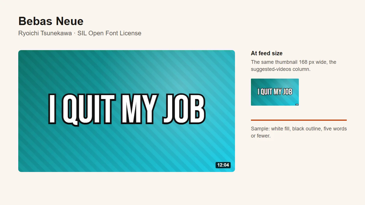 Bebas Neue specimen: "I QUIT MY JOB" on one line in white with a black outline, at full size and at the feed size