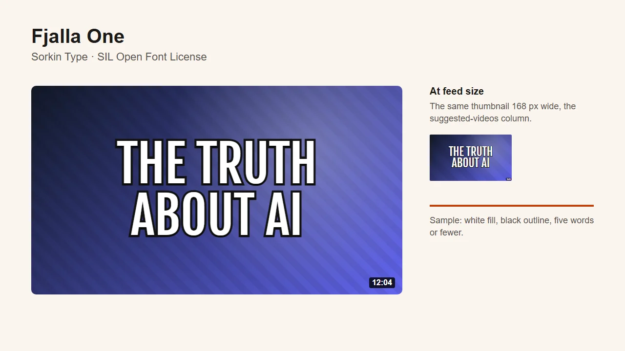 Fjalla One specimen: "THE TRUTH ABOUT AI" in narrow white letters with a black outline, at full size and at the feed size