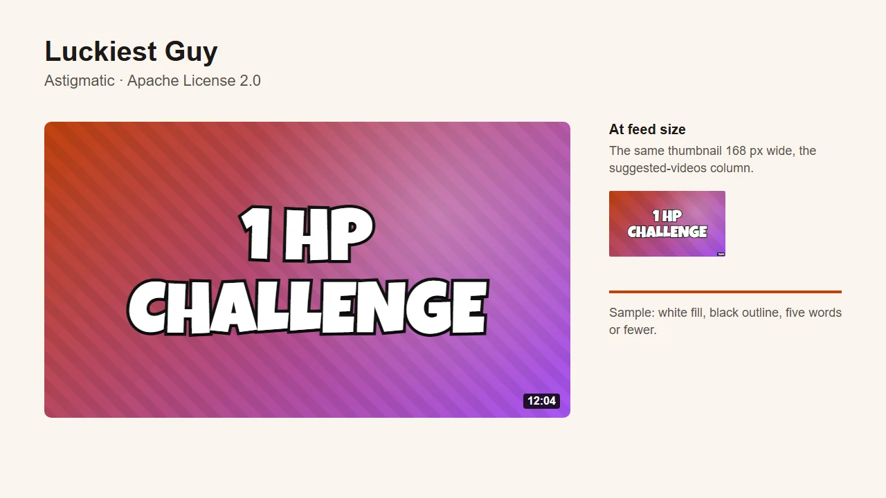 Luckiest Guy specimen: "1 HP CHALLENGE" in fat, bouncy white letters with a black outline, at full size and at the feed size