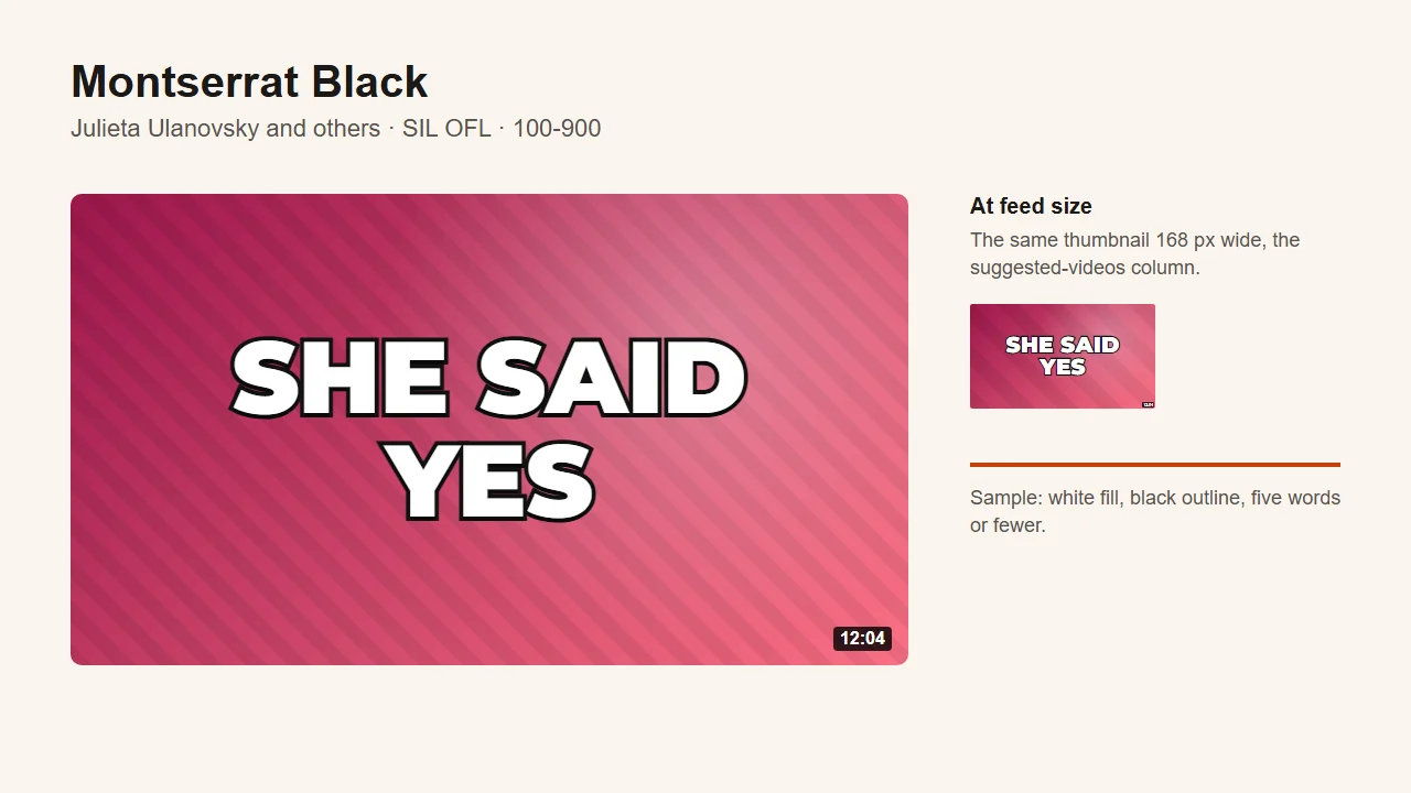 Montserrat Black specimen: "SHE SAID YES" in white with a black outline, at full size and at the feed size