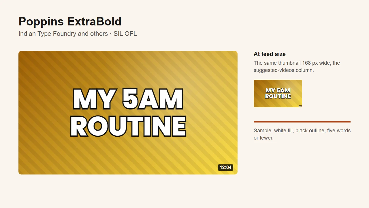 Poppins ExtraBold specimen: "MY 5AM ROUTINE" in rounded white letters with a black outline, at full size and at the feed size