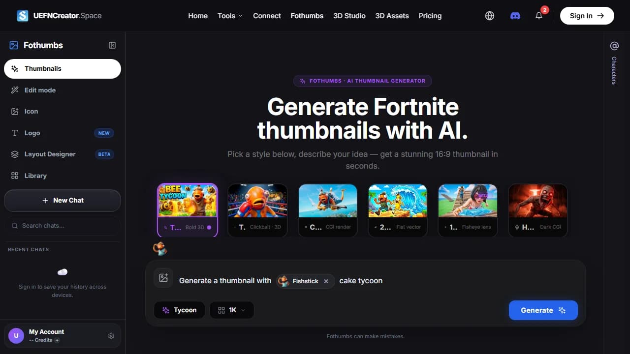 Fothumbs' generator, headed Generate Fortnite thumbnails with AI, with six style tiles above the prompt box