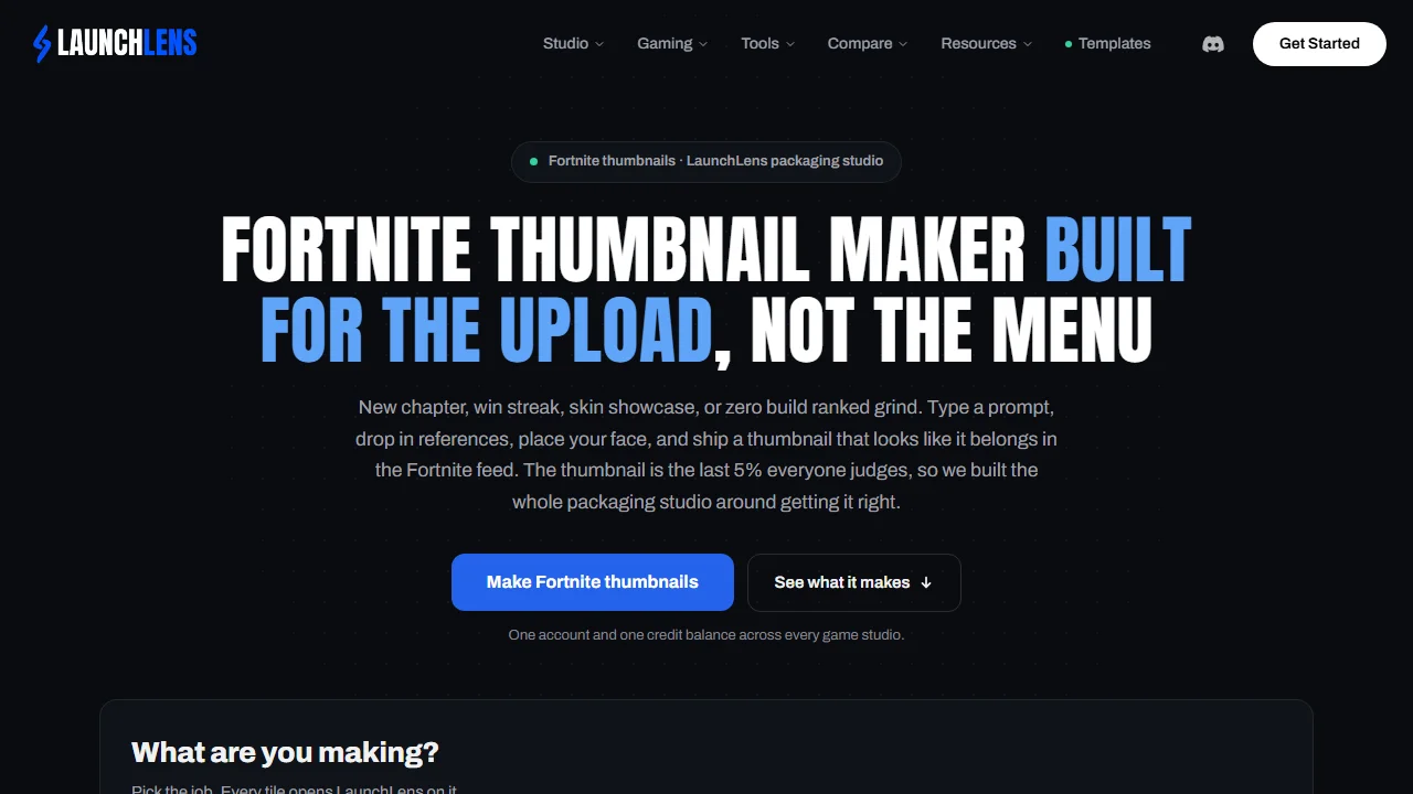 LaunchLens' Fortnite page, headed Fortnite Thumbnail Maker built for the upload, not the menu
