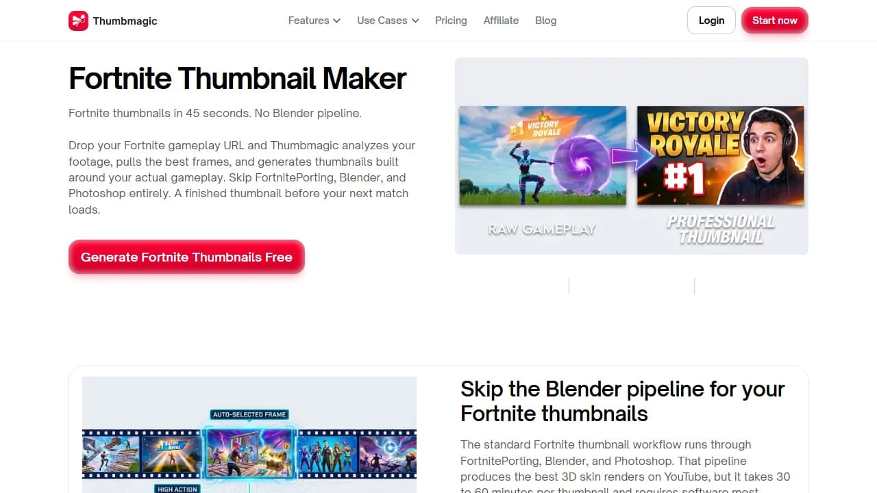 Thumbmagic's Fortnite Thumbnail Maker page, with a raw gameplay frame turned into a Victory Royale thumbnail