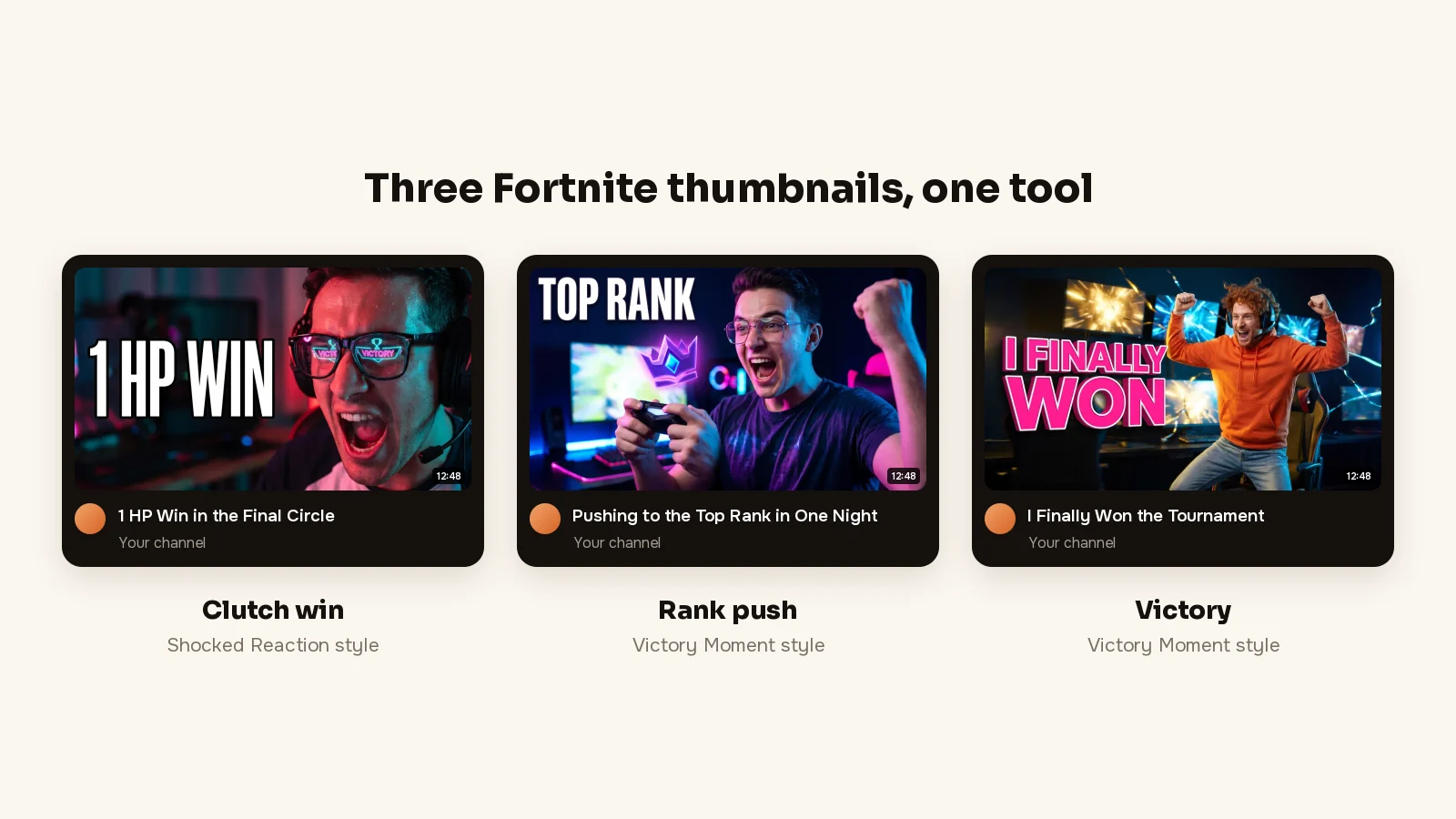 ThumbnailMaker example: three AI Fortnite thumbnails in feed cards, 1 HP WIN, TOP RANK and I FINALLY WON
