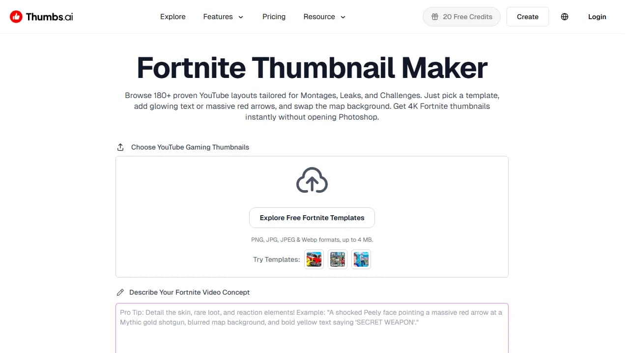 Thumbs.ai's Fortnite Thumbnail Maker page, with a template upload box and a field to describe the video