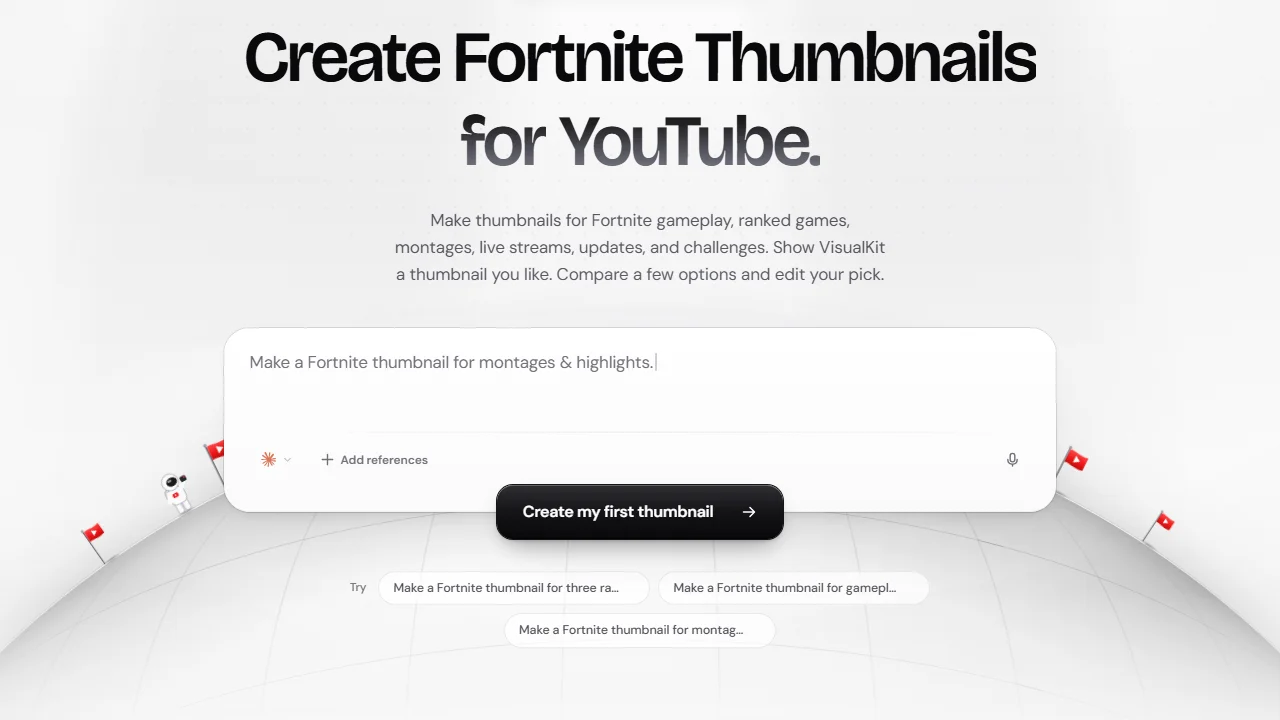 VisualKit's Fortnite page, headed Create Fortnite Thumbnails for YouTube, with a prompt box and suggested prompts