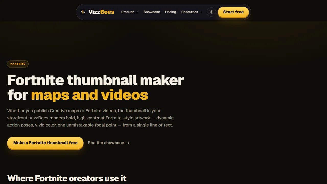 VizzBees' Fortnite page, headed Fortnite thumbnail maker for maps and videos