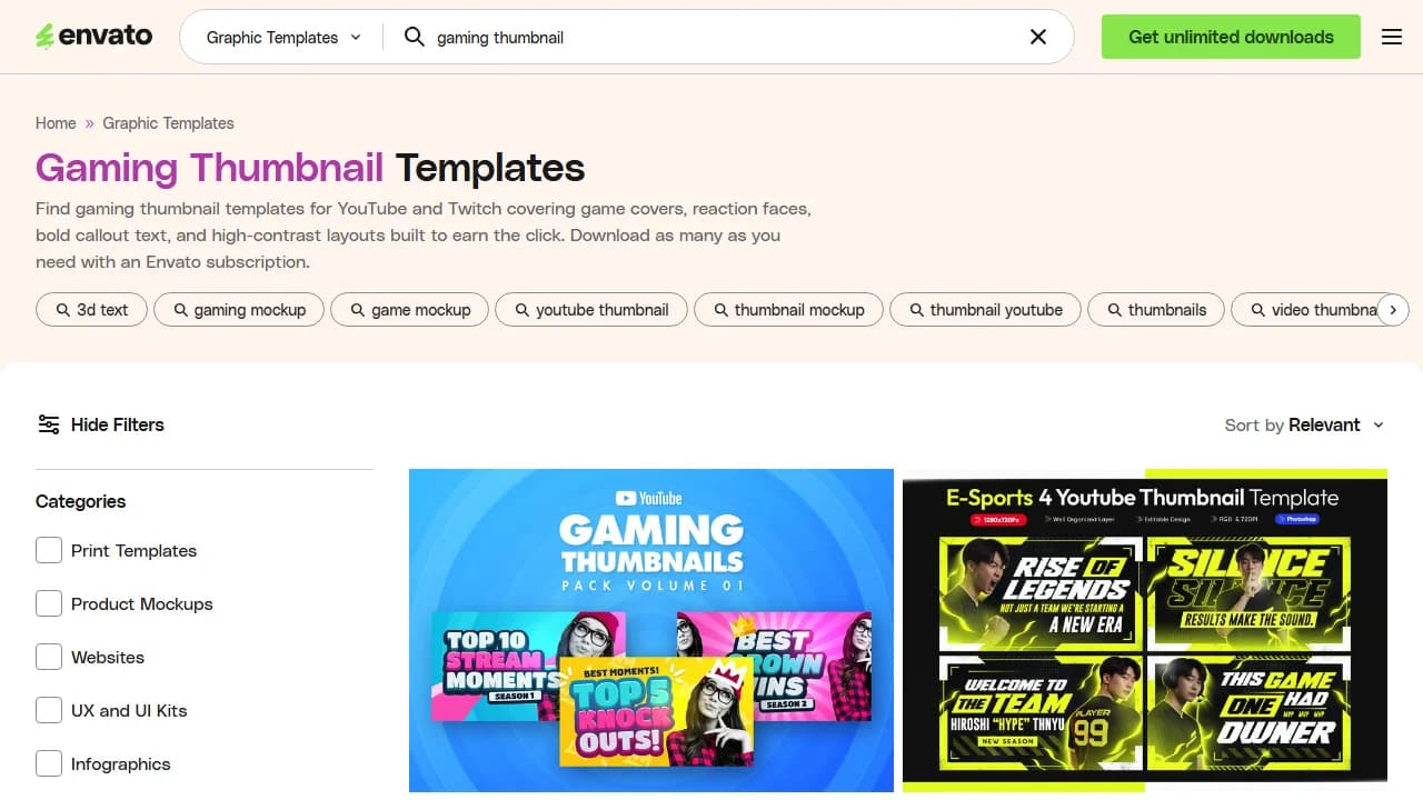 Envato Elements' search results for gaming thumbnail templates, showing a gaming pack and an e-sports template set