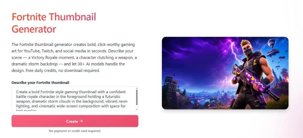 NightCafe's Fortnite thumbnail generator page, with a prompt box and a sample battle royale scene