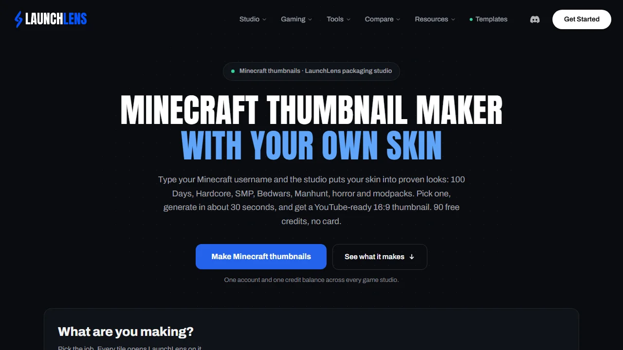 LaunchLens' Minecraft page, headed Minecraft Thumbnail Maker With Your Own Skin, offering 90 free credits with no card