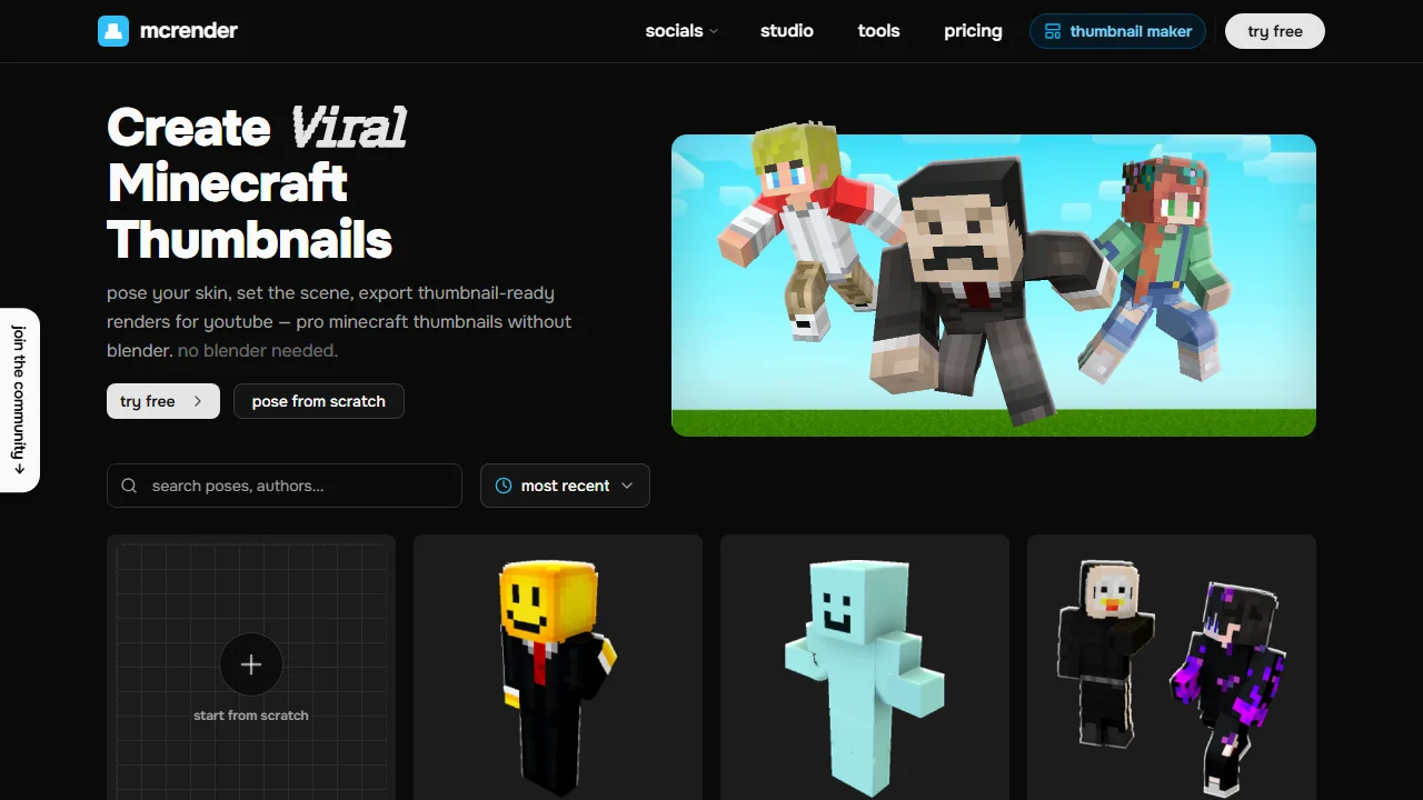MCRender's homepage, headed Create Viral Minecraft Thumbnails, with three posed skins and a gallery of community poses