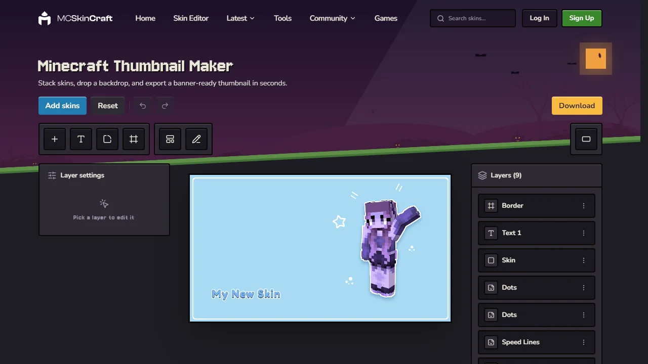 MCSkinCraft's free Minecraft Thumbnail Maker, a layered editor with a posed skin on a light blue canvas