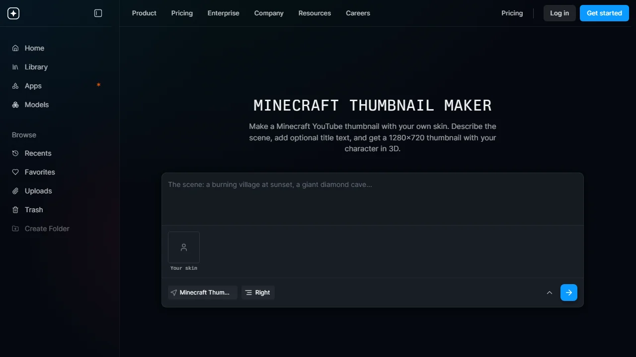 mitte.ai's Minecraft Thumbnail Maker app, with a scene description box and a Your skin upload slot