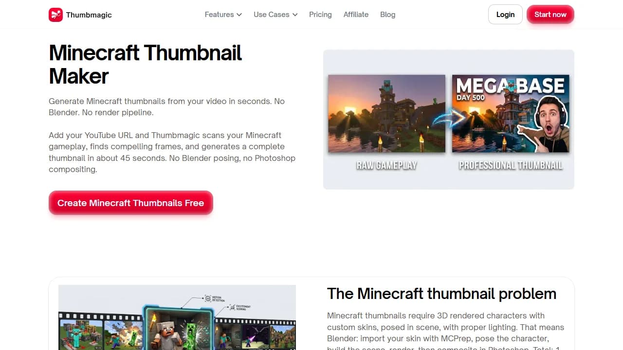 Thumbmagic's Minecraft Thumbnail Maker page, with a raw gameplay frame next to the finished thumbnail