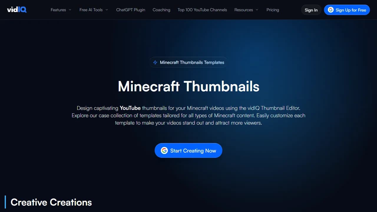 vidIQ's Minecraft Thumbnails templates page, with a Start Creating Now button under the headline