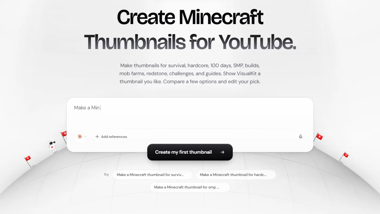 VisualKit's Minecraft page, headed Create Minecraft Thumbnails for YouTube, with a prompt box and suggested prompts