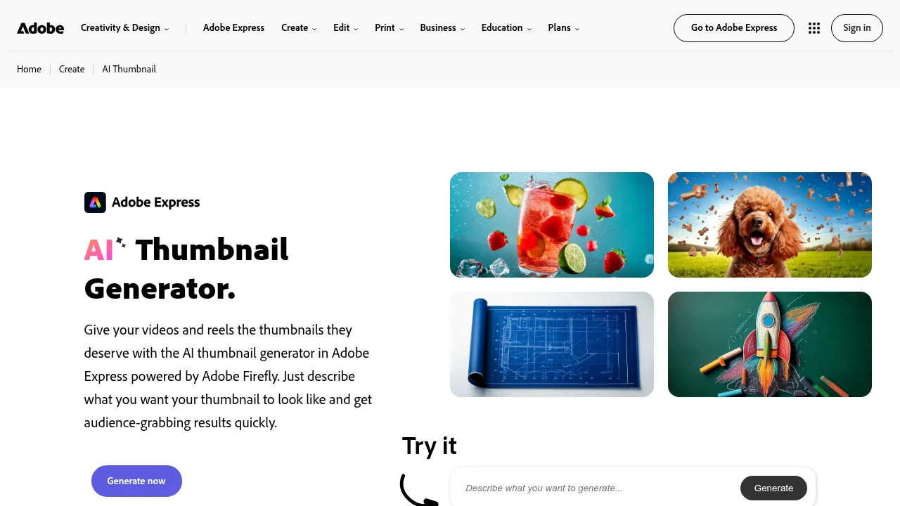 Adobe Express's AI Thumbnail Generator page, with a prompt box under Try it and four example images
