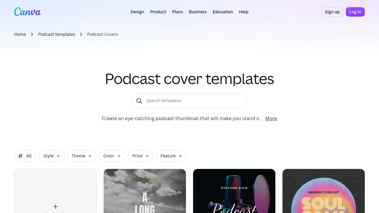 Canva's Podcast cover templates page, with a search bar, filters and square podcast covers below