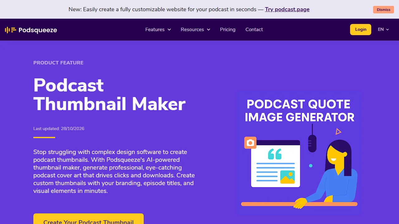 Podsqueeze's Podcast Thumbnail Maker page, on a purple background with a Create Your Podcast Thumbnail button