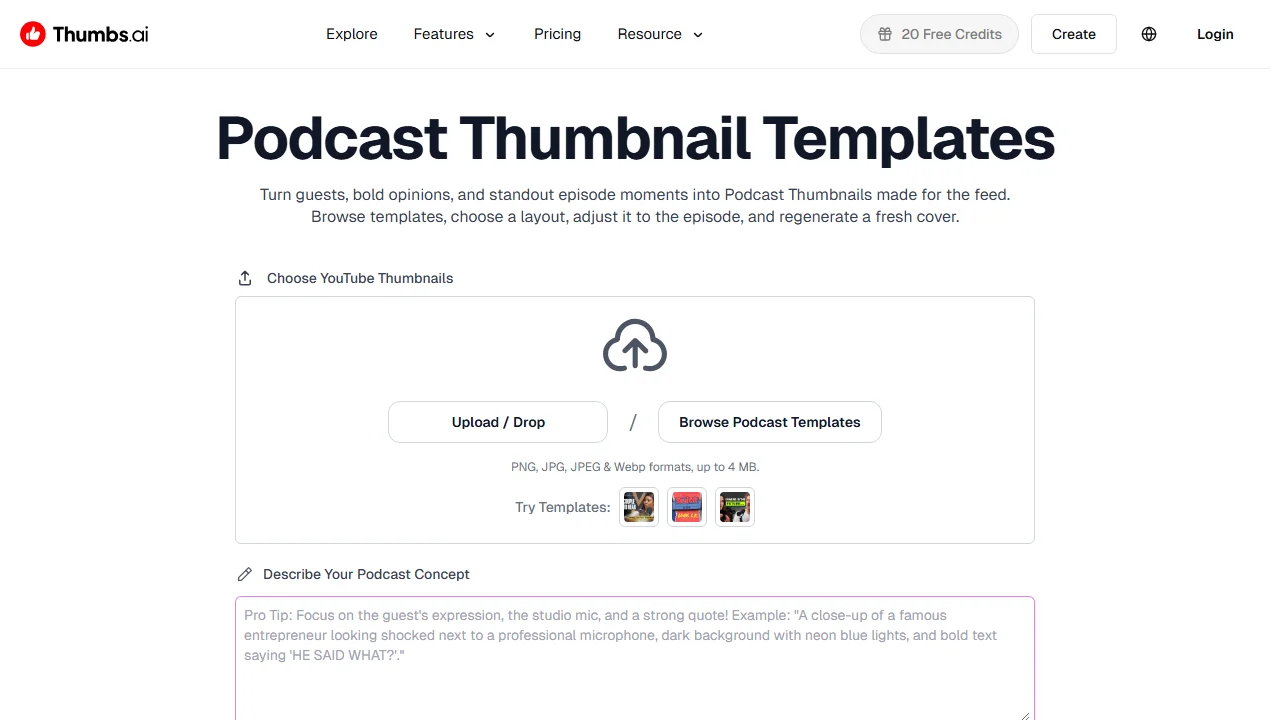 Thumbs.ai's Podcast Thumbnail Templates page, with an upload box, podcast templates and a field to describe the episode