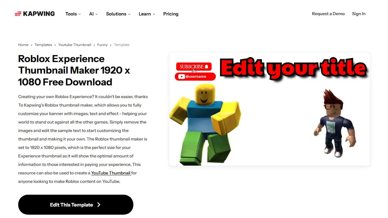 Kapwing's Roblox Experience Thumbnail Maker template, with two Roblox avatars and an Edit This Template button