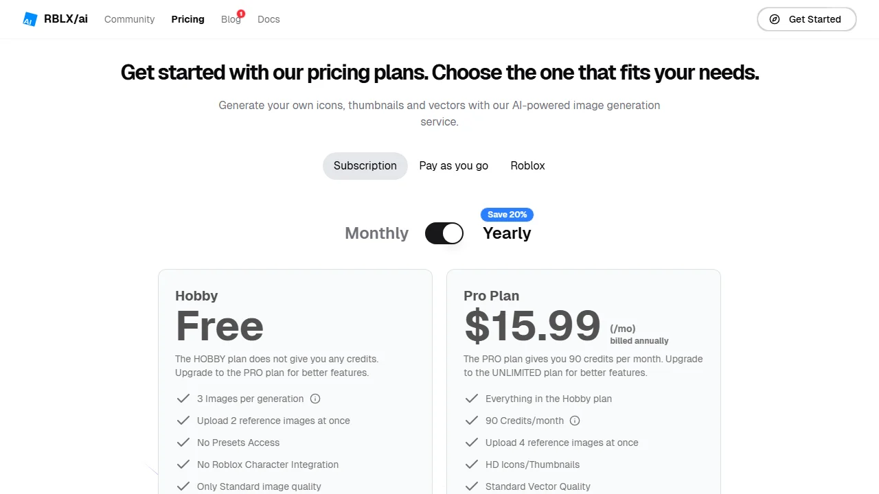 RBLX/ai's pricing page with Subscription, Pay as you go and Roblox tabs, and Pro at $15.99 a month billed yearly