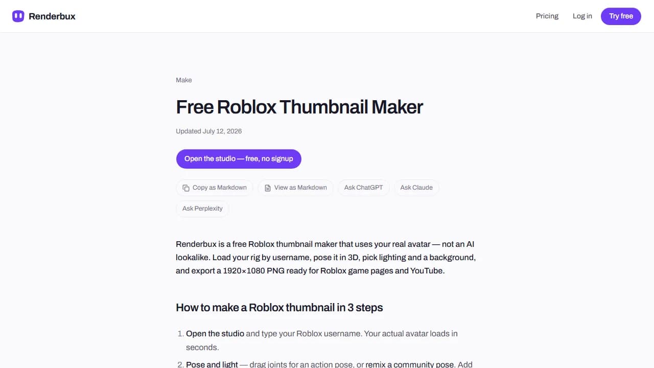 Renderbux's Free Roblox Thumbnail Maker page, with an Open the studio, free, no signup button and three steps