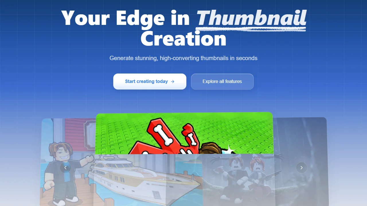 RoThumbs' homepage, headed Your Edge in Thumbnail Creation, with a carousel of Roblox game thumbnails