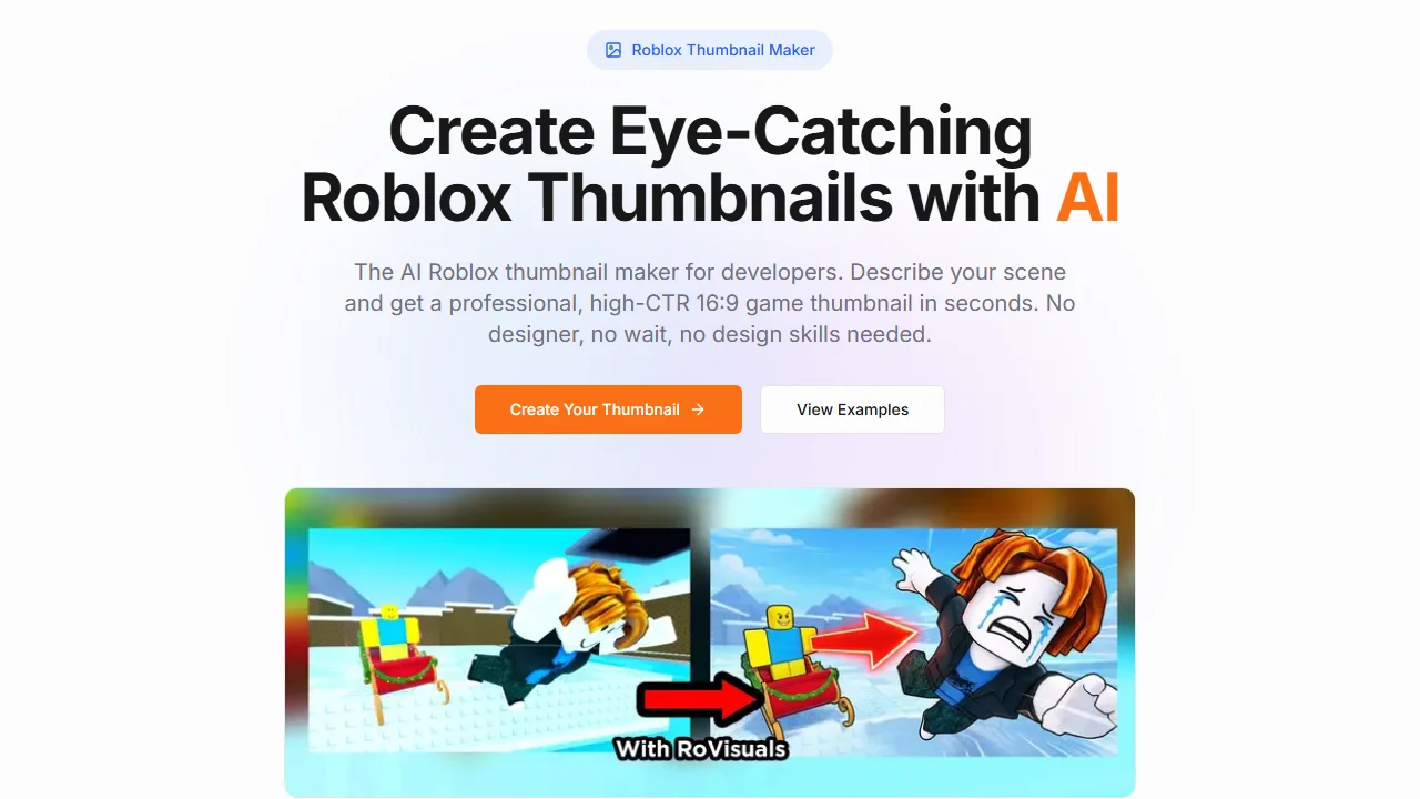 RoVisuals' Roblox Thumbnail Maker page, headed Create Eye-Catching Roblox Thumbnails with AI, with a before and after example