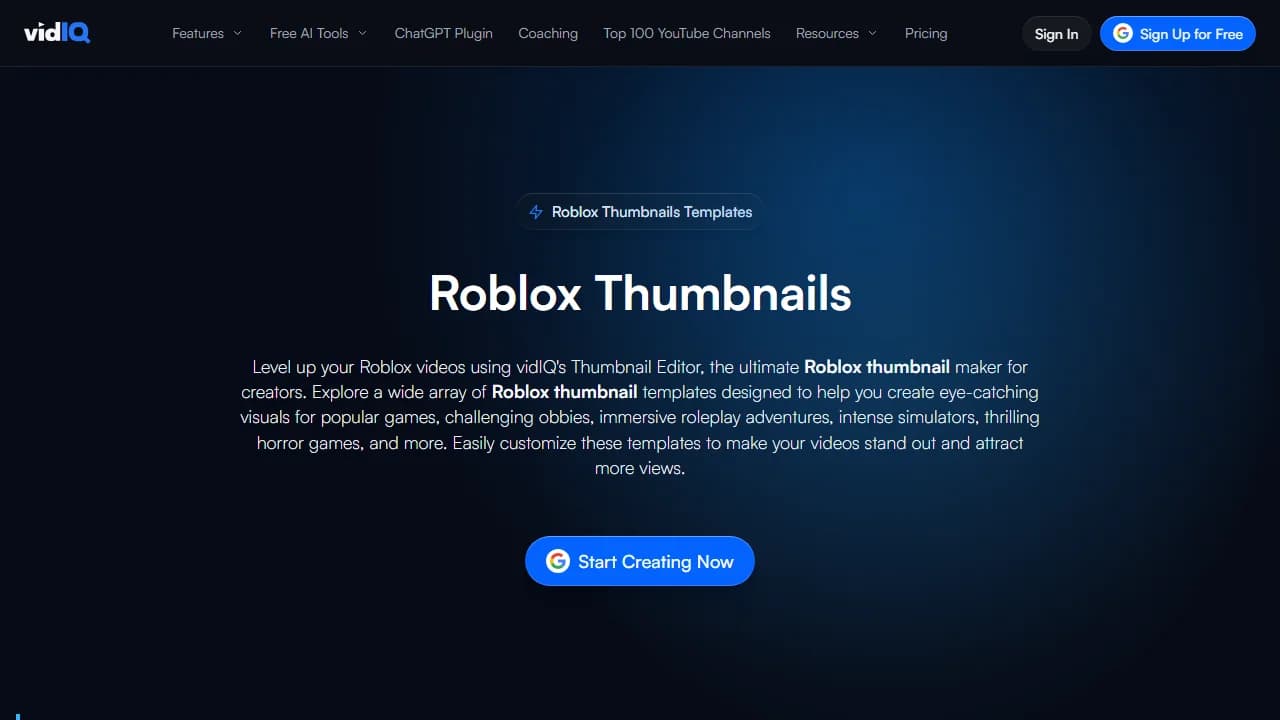 vidIQ's Roblox Thumbnails page, offering Roblox thumbnail templates for YouTube videos with a Start Creating Now button