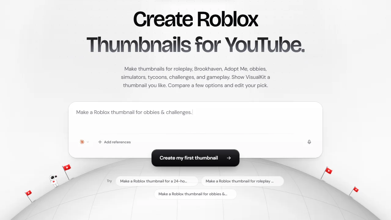 VisualKit's Roblox page, headed Create Roblox Thumbnails for YouTube, with a prompt box and suggested Roblox prompts