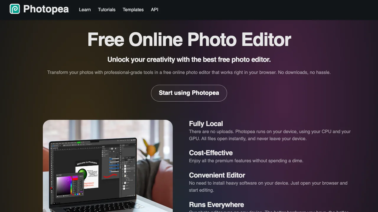 Photopea's homepage, a free online photo editor that runs in the browser with no downloads