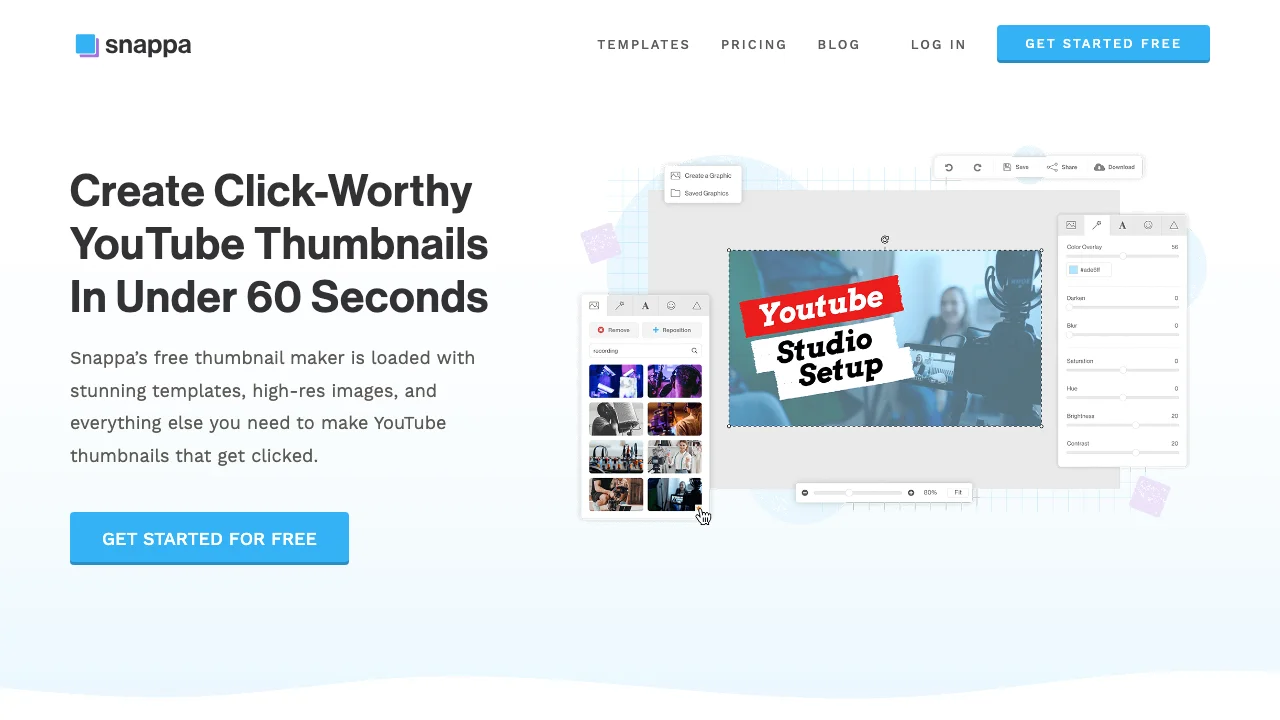 Snappa's YouTube thumbnail page, a drag-and-drop editor with templates and stock photos
